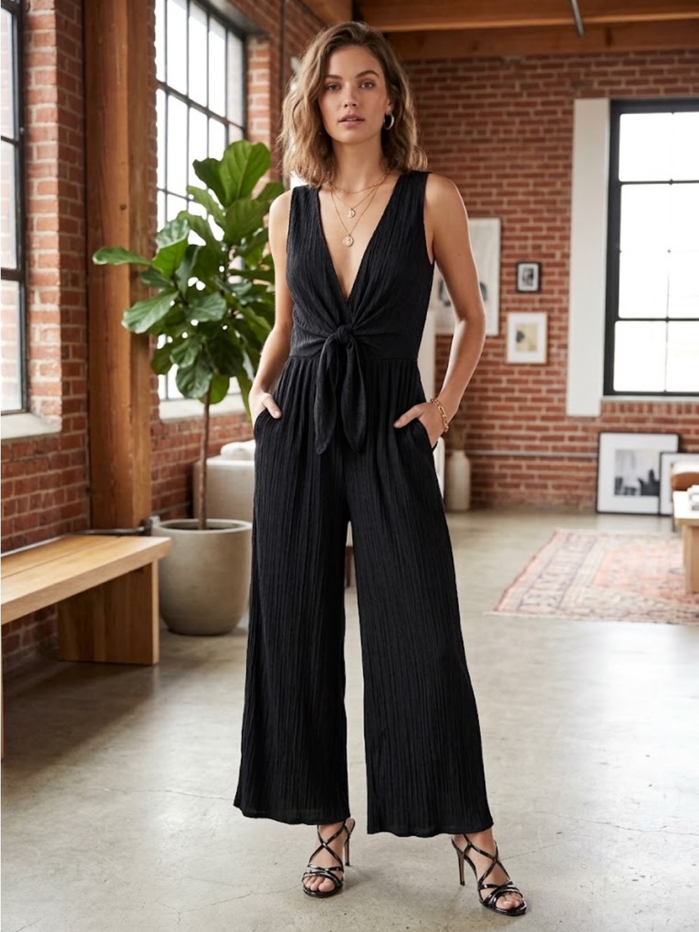 Lush Sleeveless Black Tie-Front Wide-Leg Jumpsuit size Small